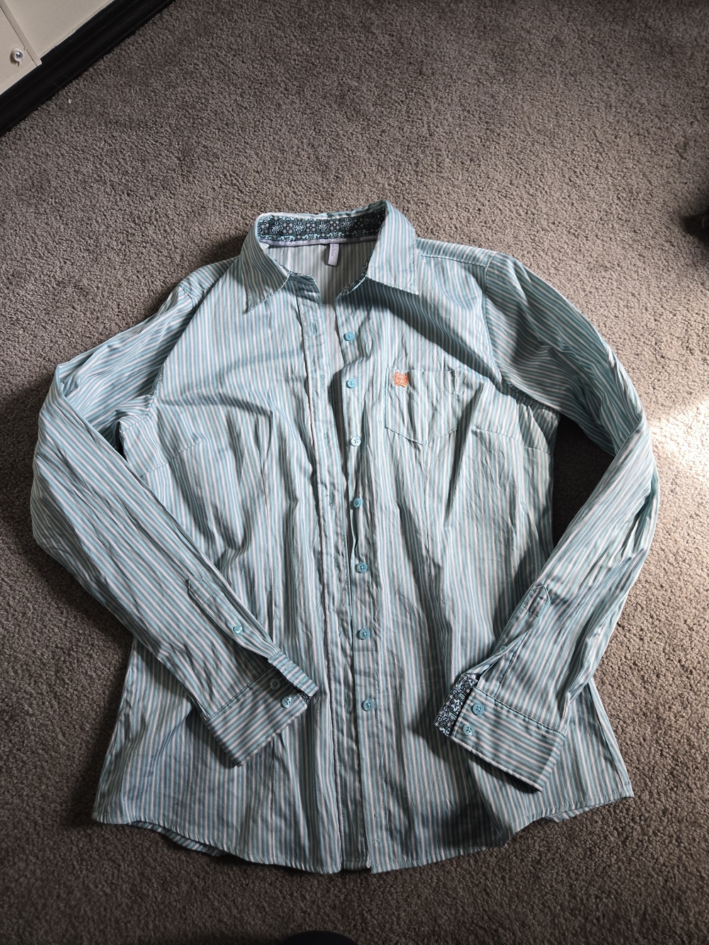 Womens Cinch Striped Button-Up Shirt - Light Teal/White